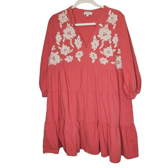 Umgee Coral Tiered Boho Dress With White Floral Embroidery Long Sleeves cotton L - Picture 1 of 9
